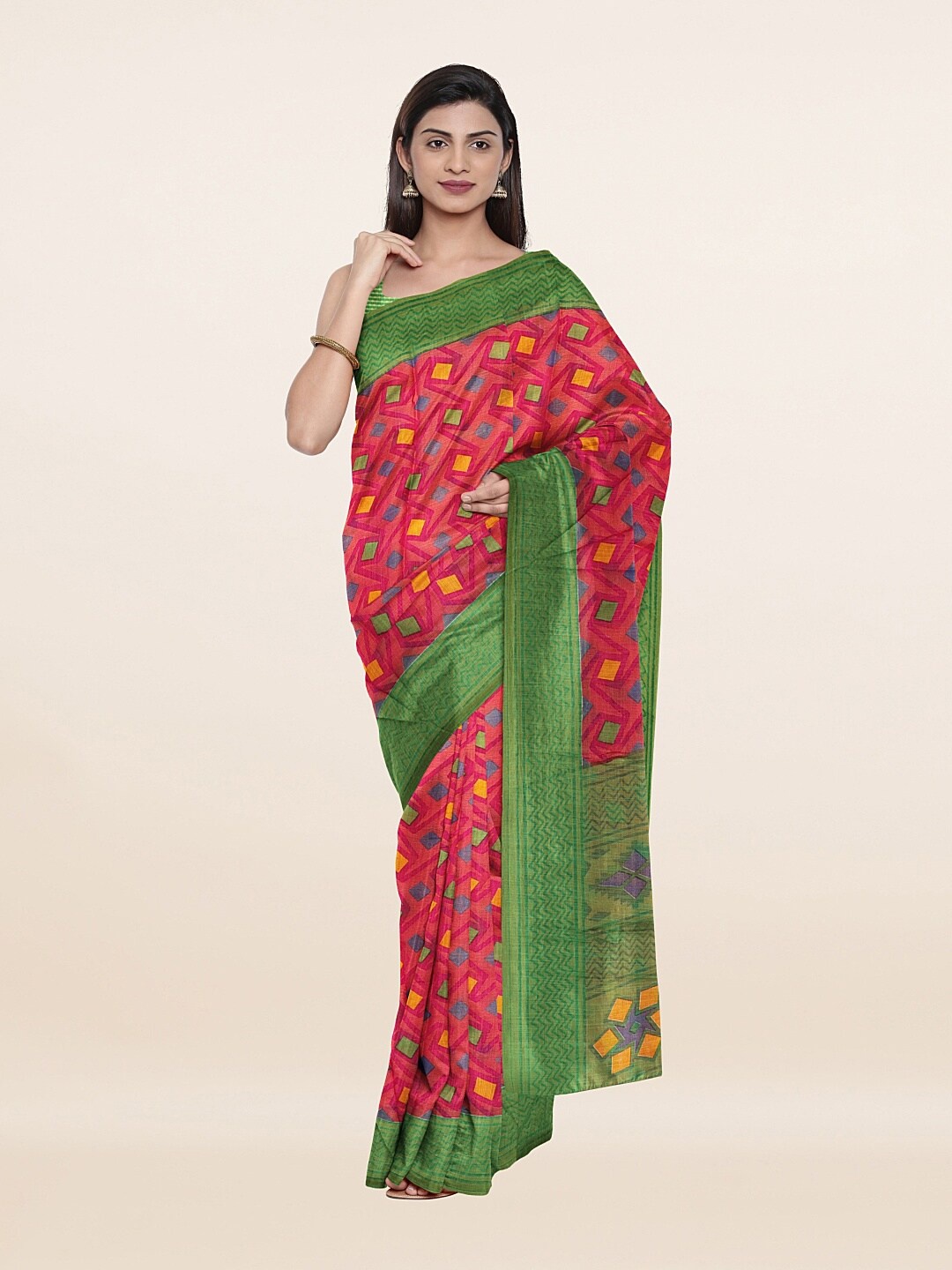 

Pothys Pink & Green Printed Cotton Blend Saree