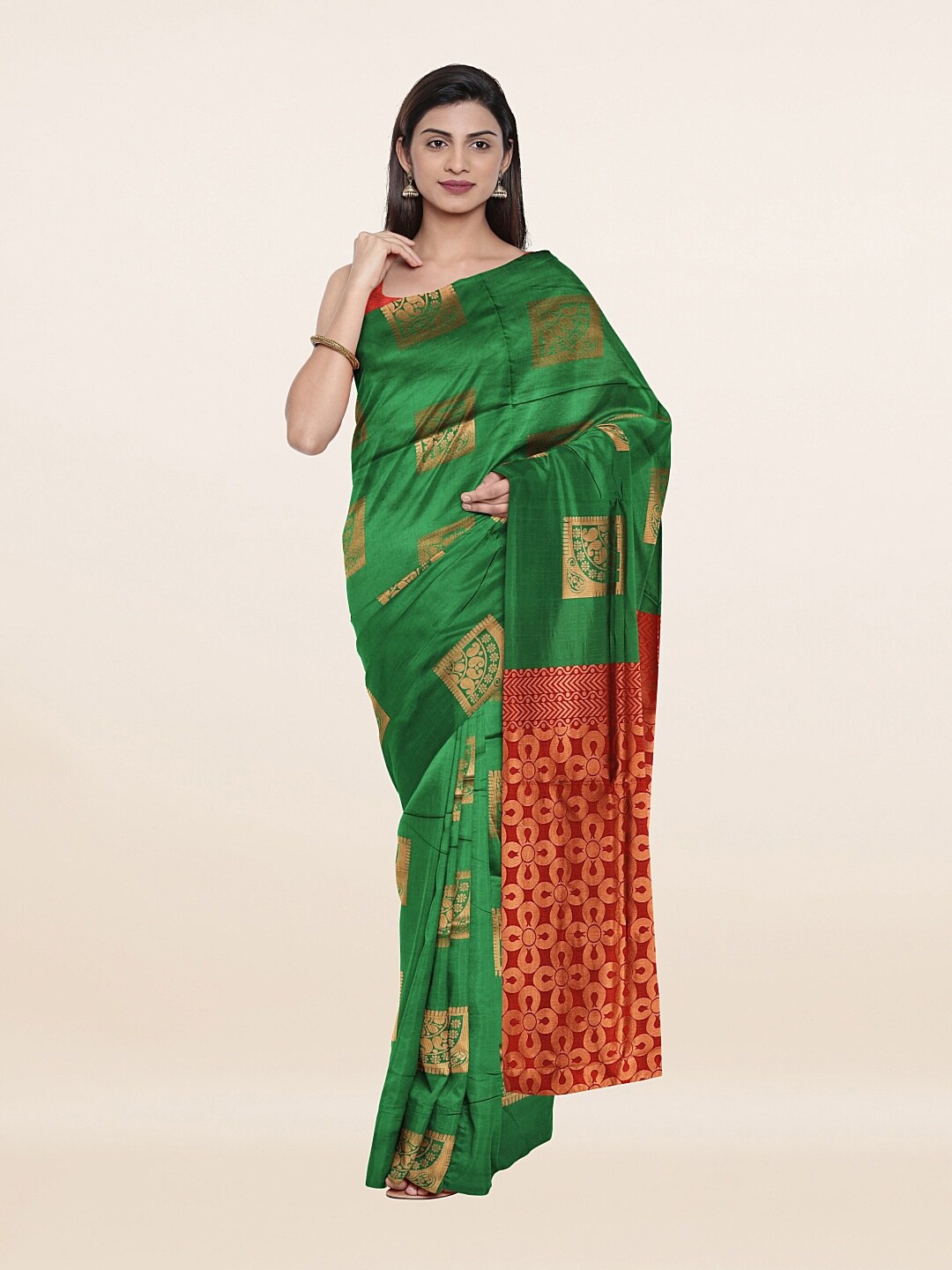 

Pothys Green & Red Woven Design Cotton Blend Saree