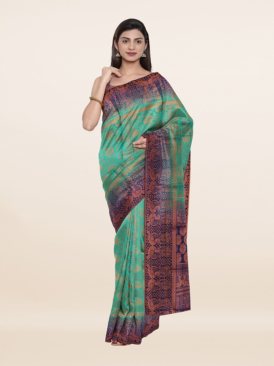 

Pothys Green & Gold-Toned Woven Design Art Silk Banaras Saree