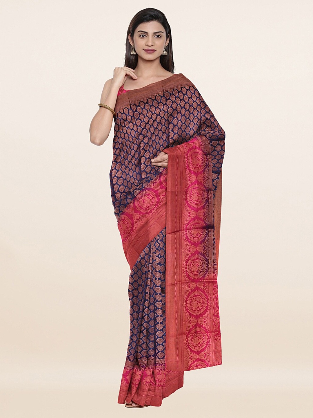 

Pothys Blue & Pink Ethnic Motifs Zari Art Silk Banarasi Saree