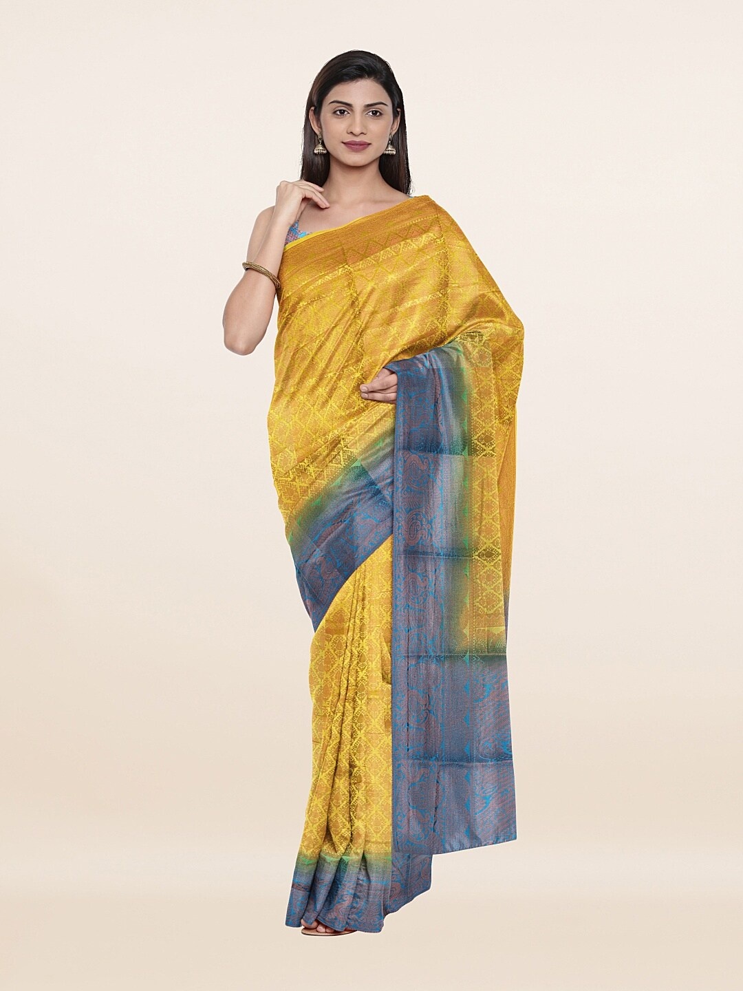 

Pothys Yellow & Blue Woven Design Art Silk Banarasi Saree