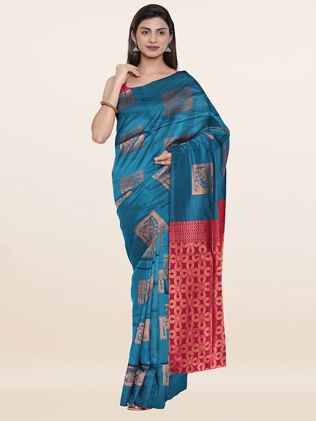 

Pothys Blue & Pink Woven Design Zari Saree