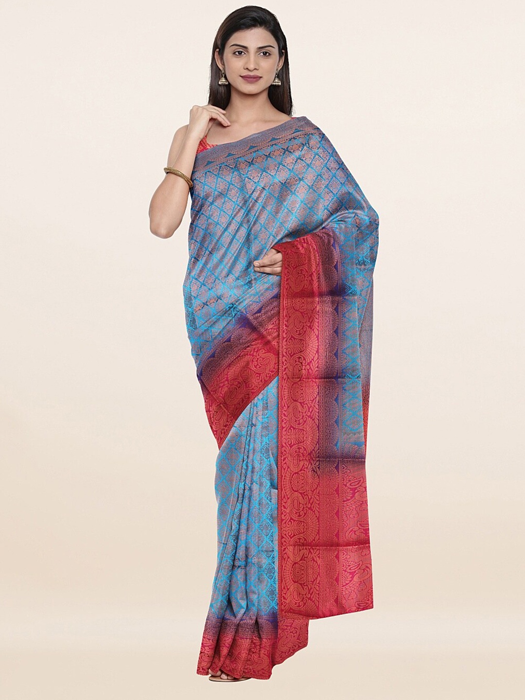

Pothys Blue & Pink Ethnic Motifs Art Silk Saree