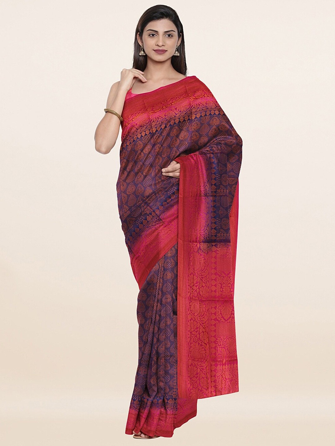 

Pothys Navy Blue & Magenta Ethnic Motifs Zari Art Silk Banarasi Saree