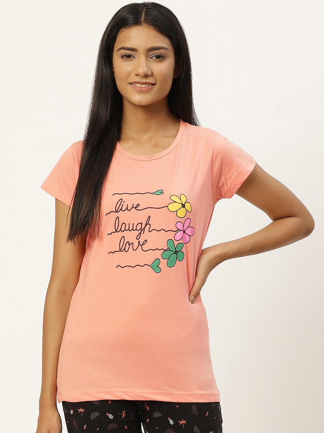 

BROOWL Women Peach-Coloured Printed Cotton Lounge T-shirt