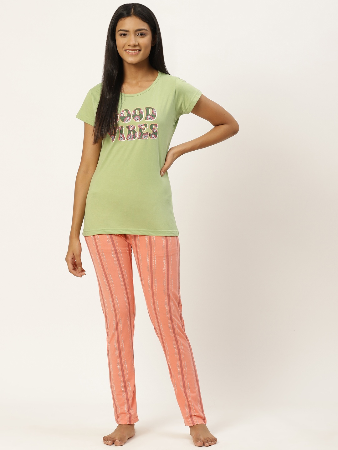 

BROOWL Women Olive Green Printed Cotton Lounge Tshirt