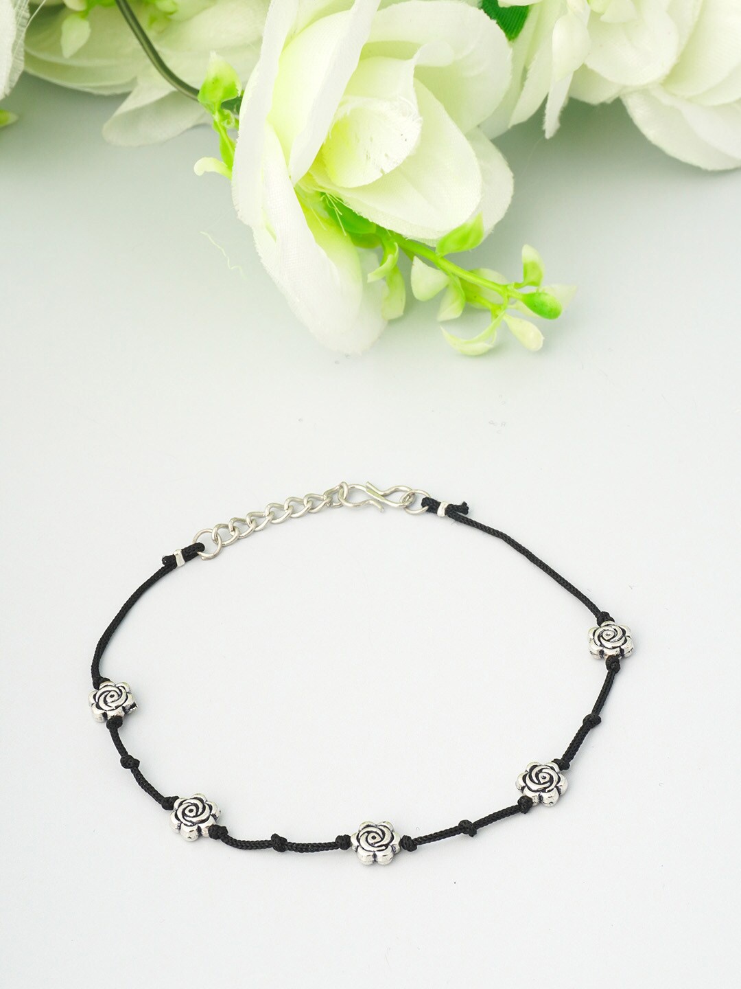 

Urmika Oxidised Silver-Toned & Black Rose Thread Anklet