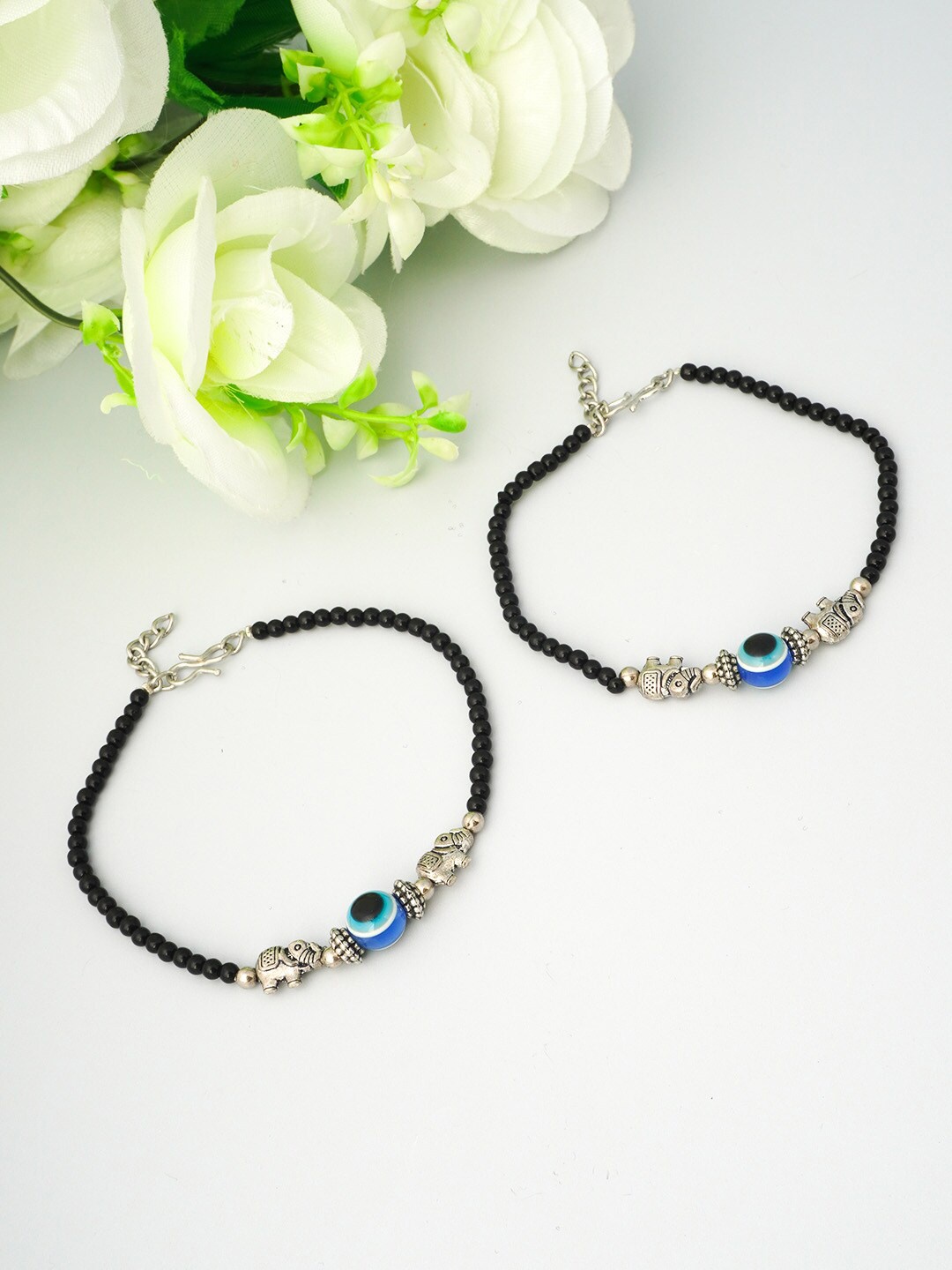 

Urmika Set Of 2 Oxidised Silver-Toned & Blue Evil Eye Beaded Anklets