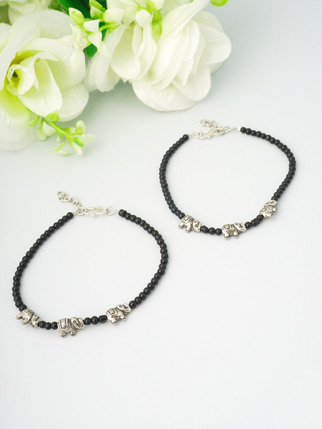 

Urmika Women Set of 2 Oxidised Black & Silver Beaded Elephant Evil Eye Anklet