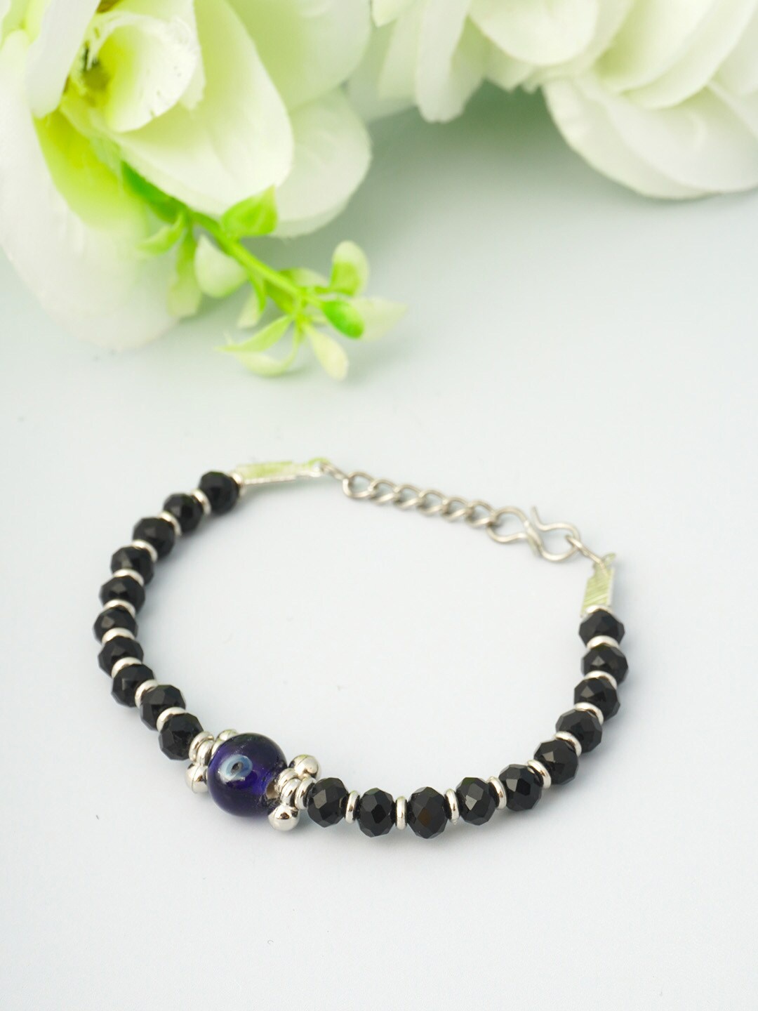 

Urmika Silver-Plated Black & Blue Beaded Handcrafted Anklets