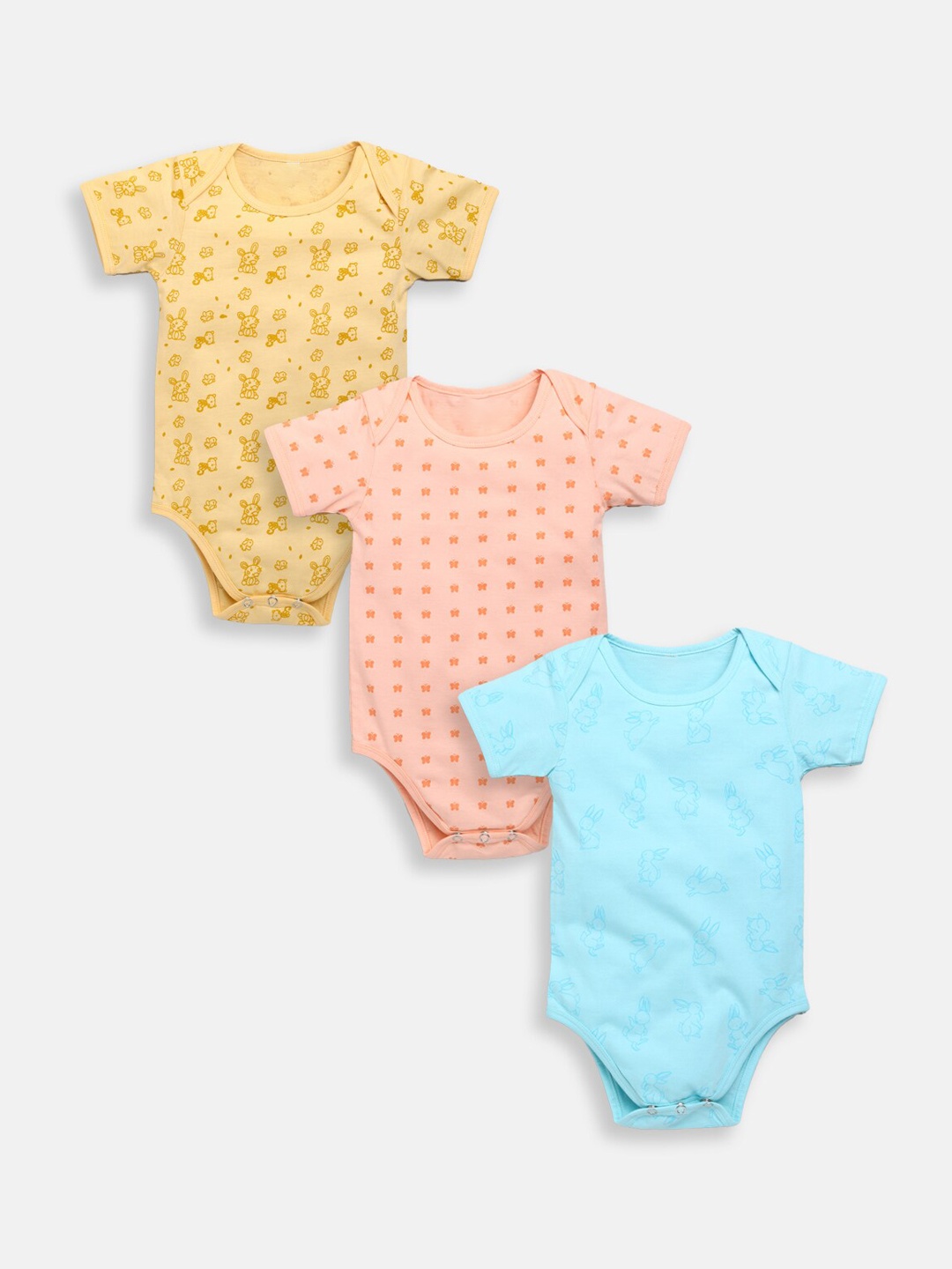 

JBN Creation Kids Set Of 3 Yellow & Blue Printed Cotton Rompers