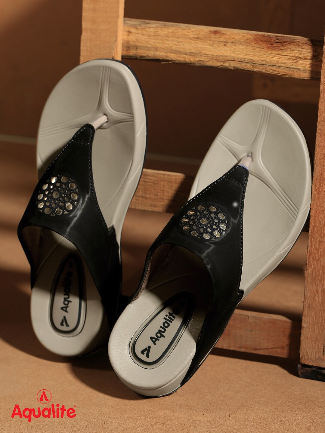 

Aqualite Women Black & Beige PU Comfort Sandals