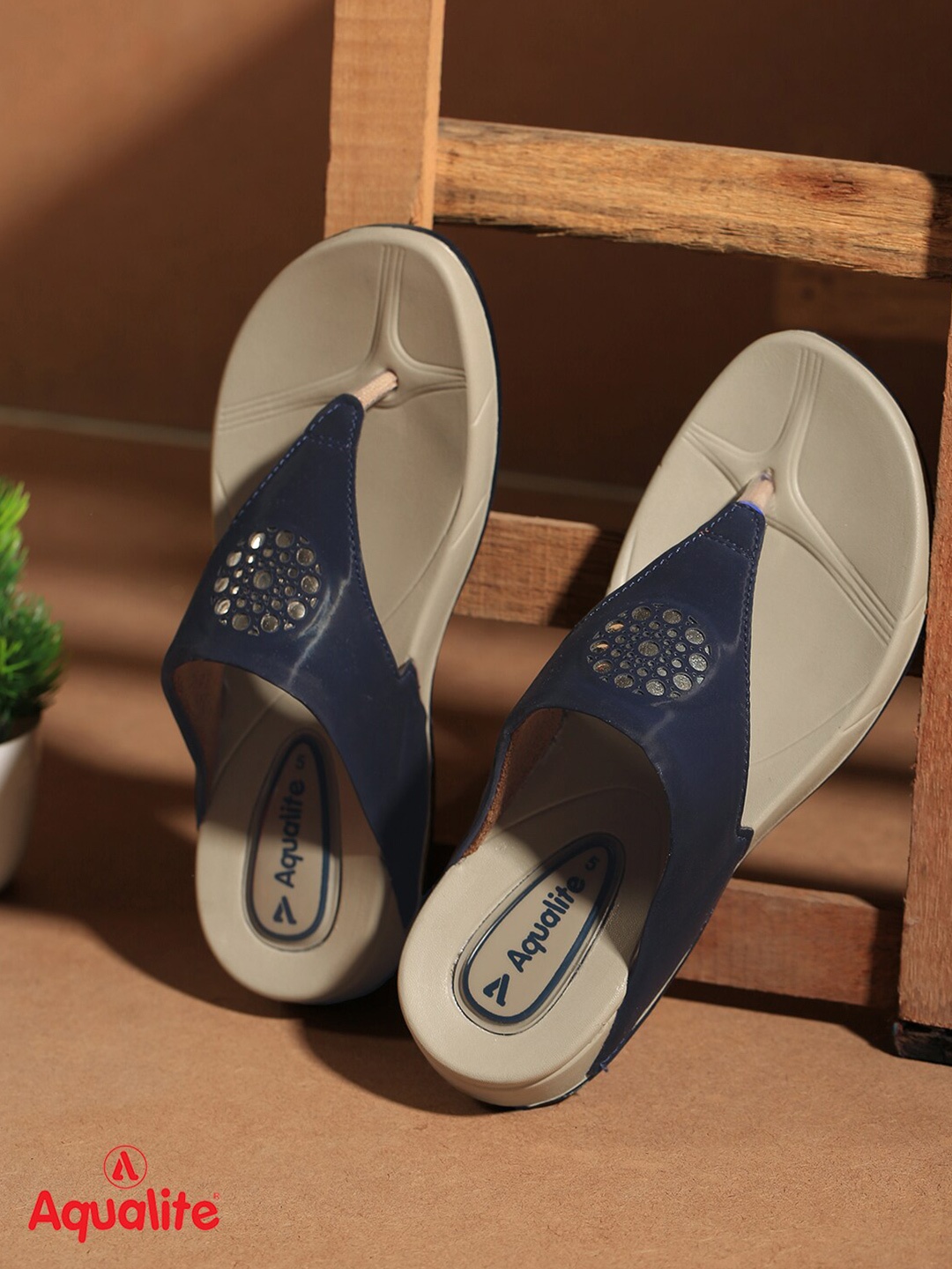 

Aqualite Women Blue Embellished T-Strap Flats