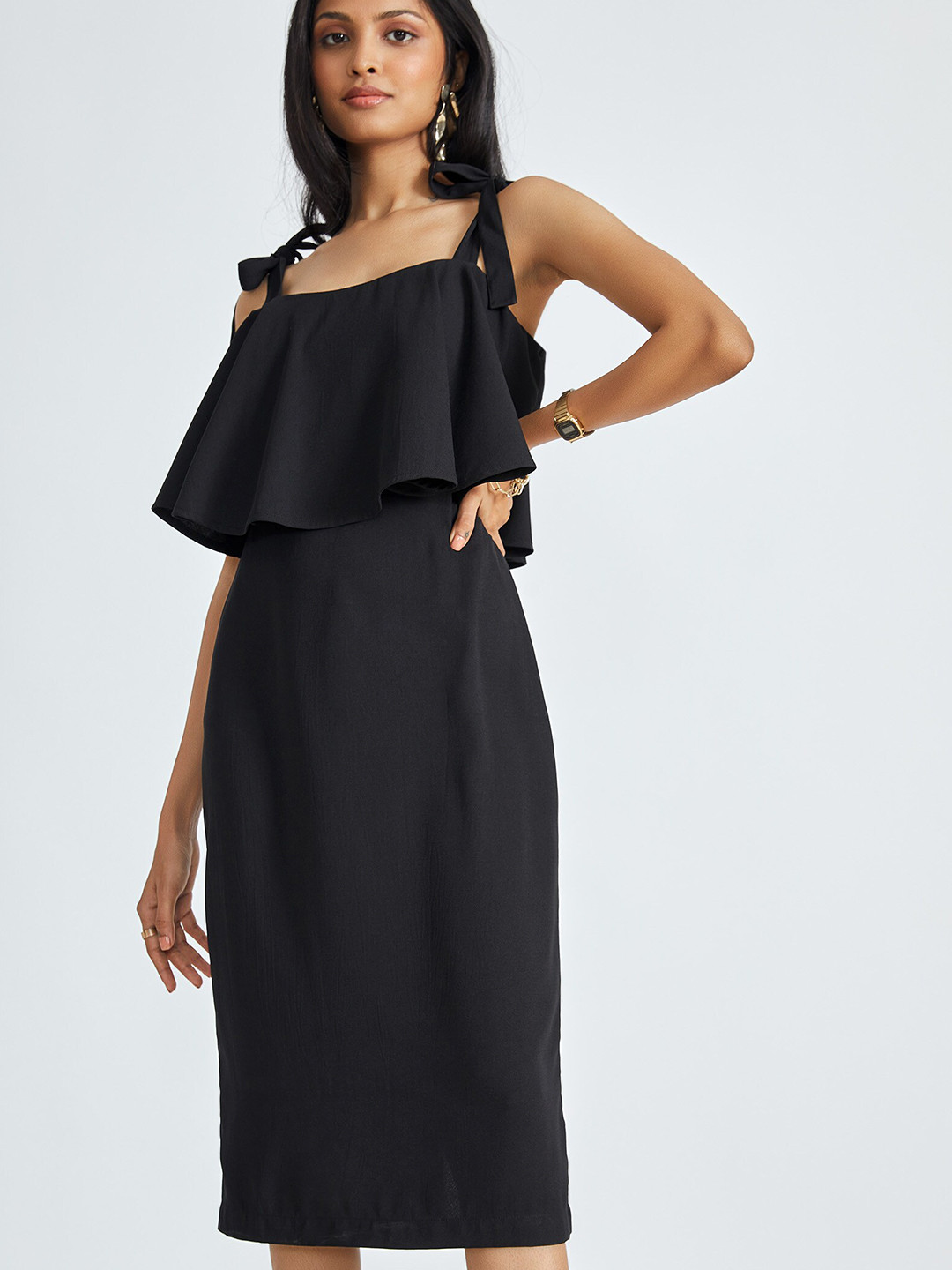 

The Label Life Black Tie Up Strap Crepe Sheath Midi Dress