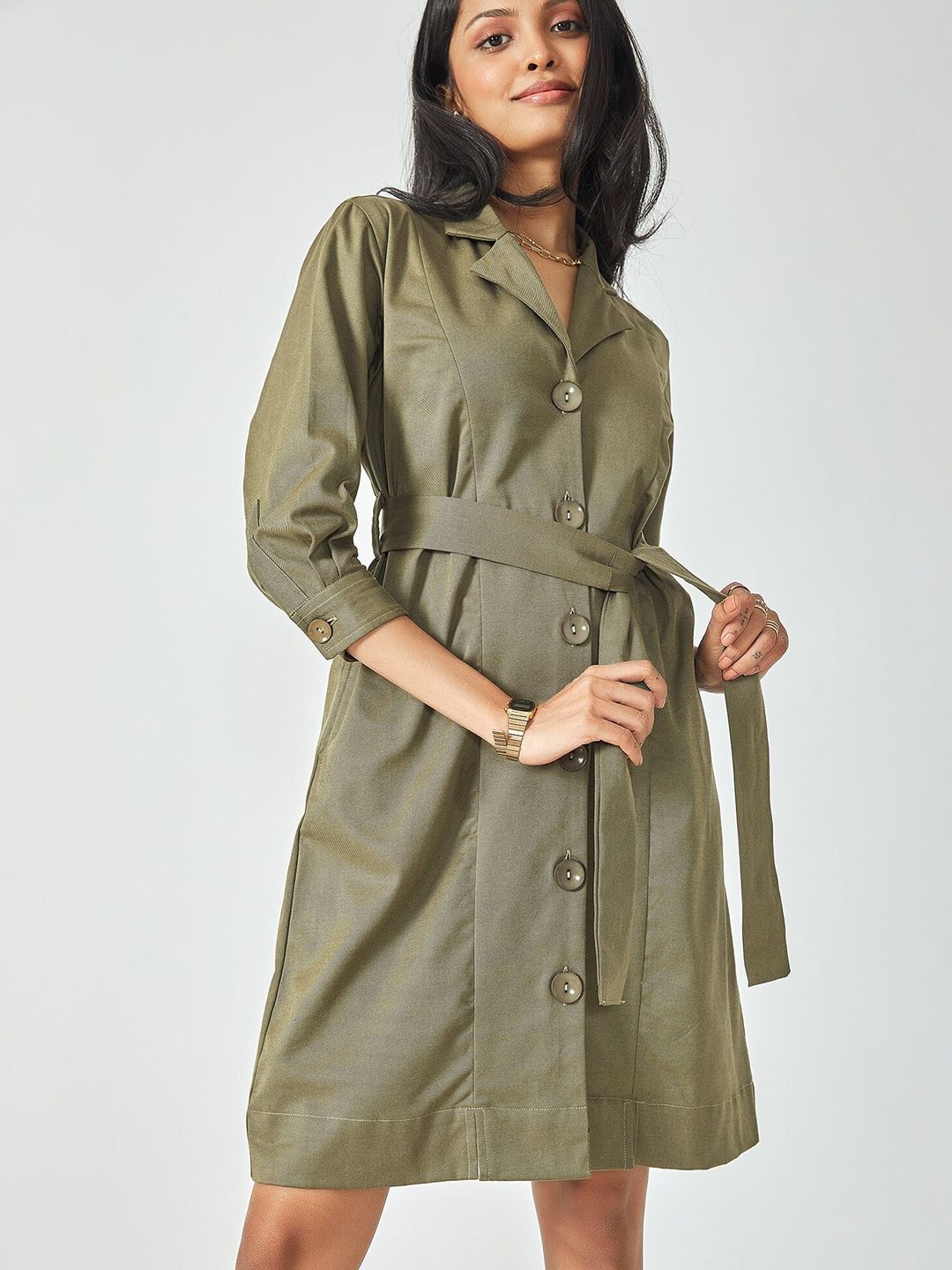 

The Label Life Olive Green Lapel Belted Shirt Dress