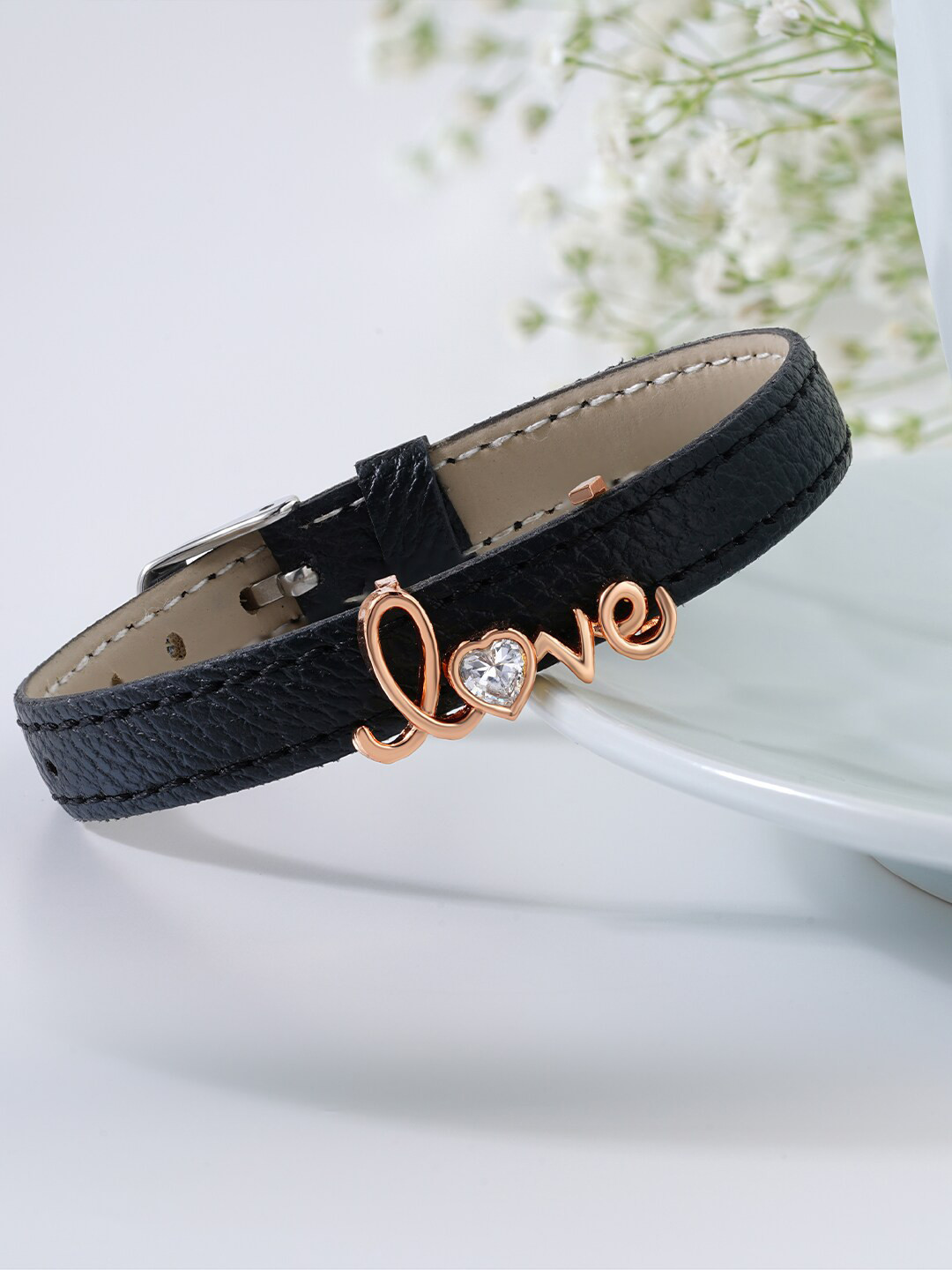 

MINUTIAE Women Black Brass Crystals & Rose Gold-Plated Wraparound Bracelet