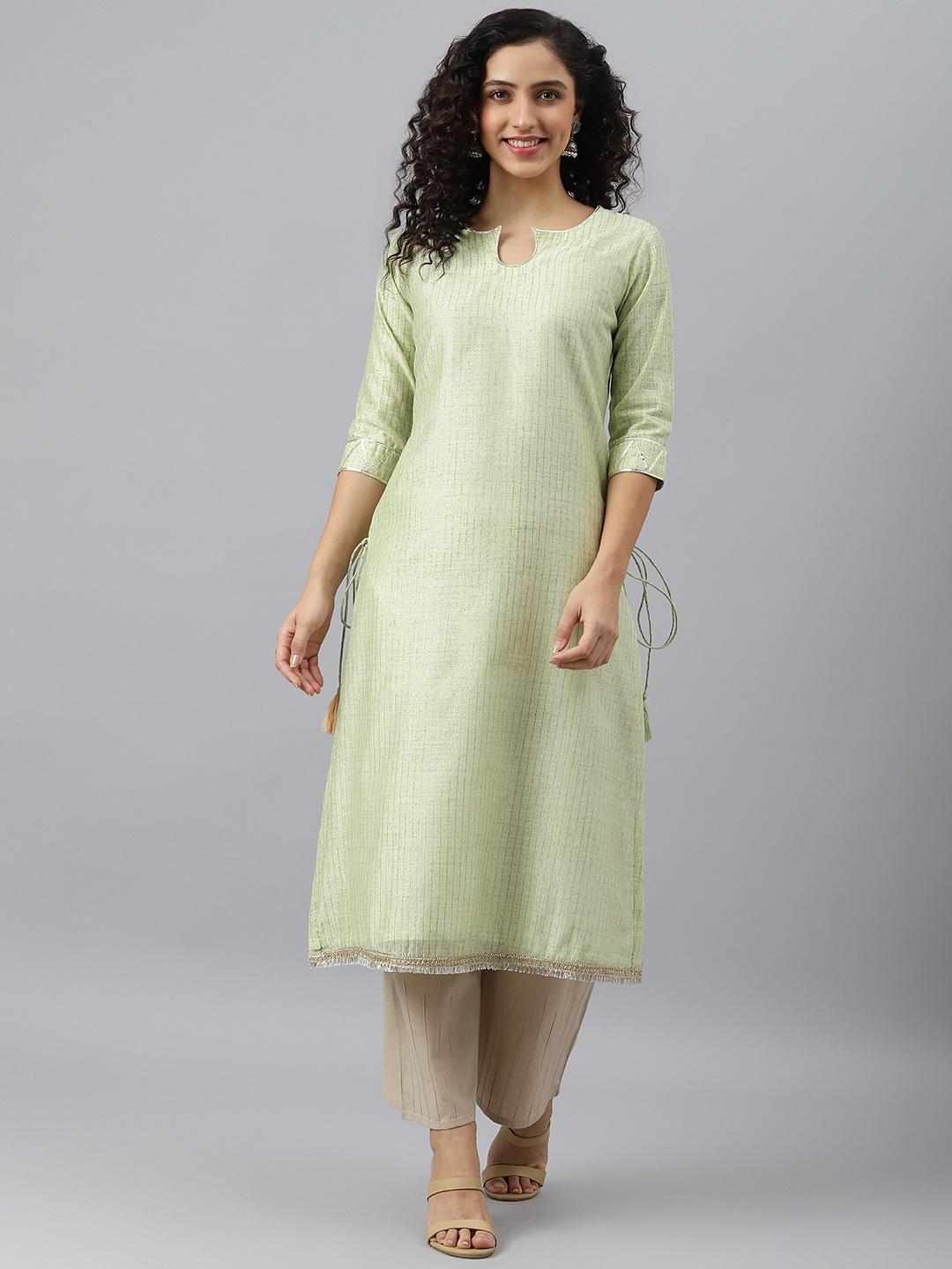 

V TRADITION Women Lime Green Striped Gotta Patti Kurta