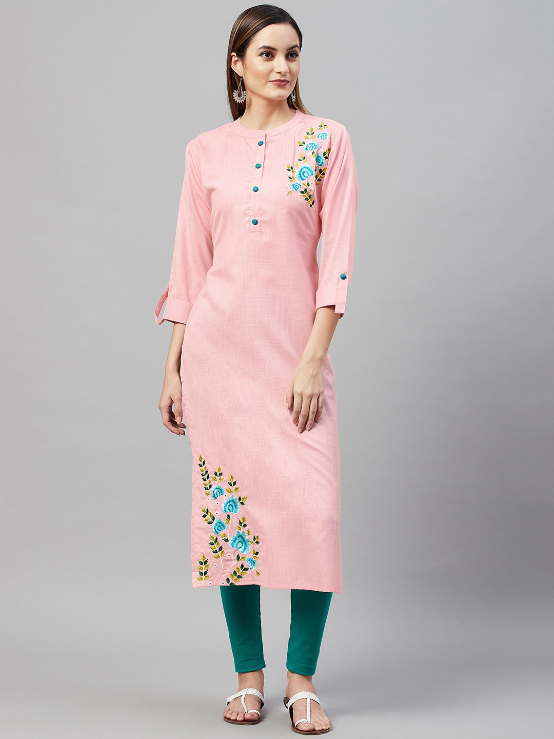 

V TRADITION Women Pink & Blue Floral Embroidered Kurta