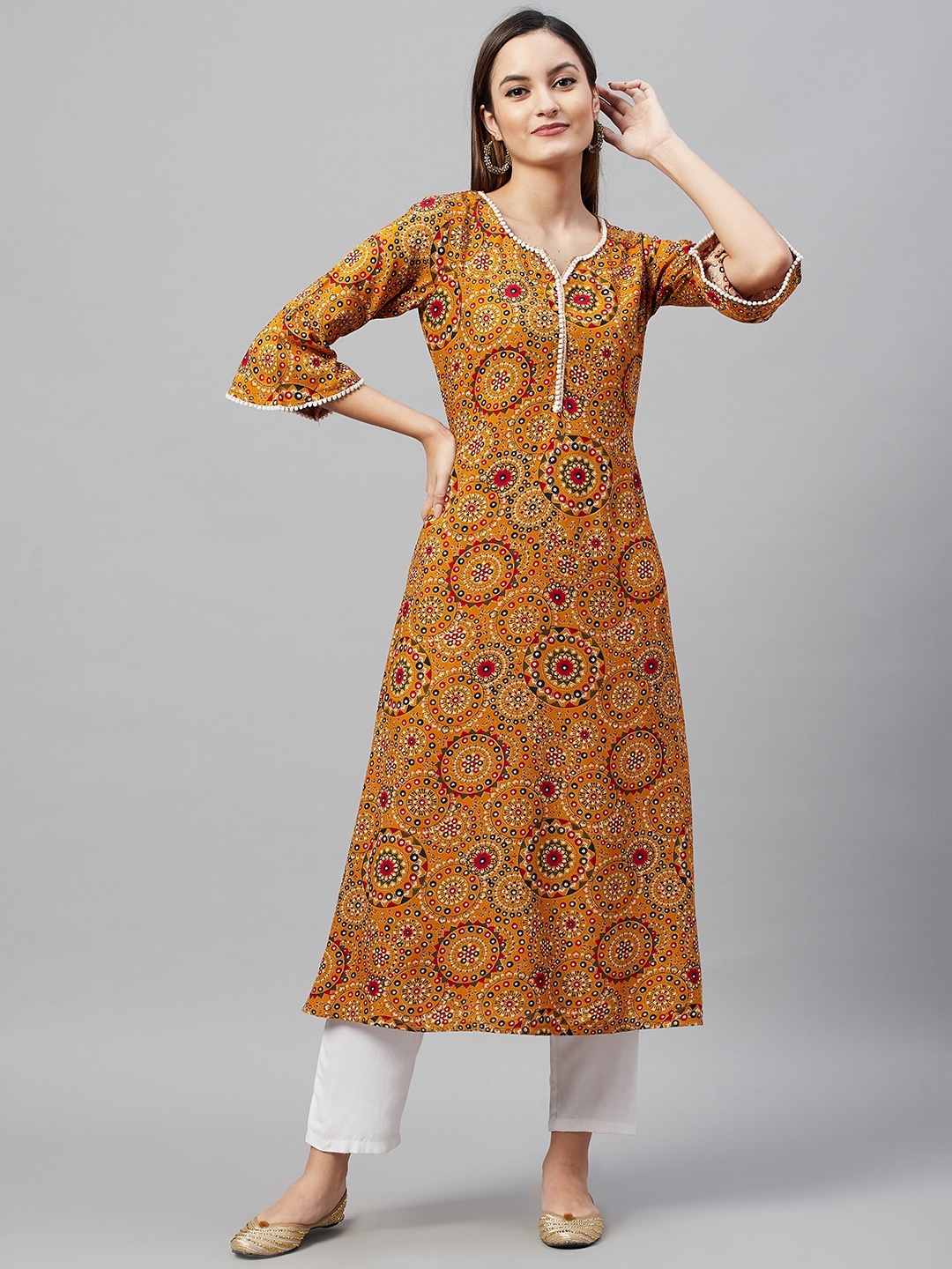 

V TRADITION Women Yellow & Maroon Ethnic Motifs Print Flared Sleeves Kurta