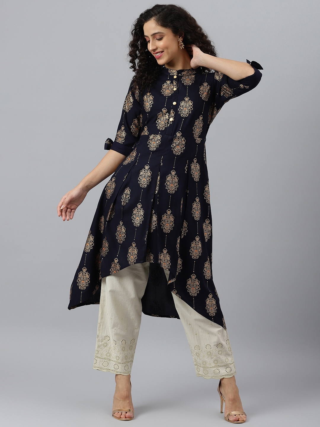 

V TRADITION Women Navy Blue & Golden Ethnic Motifs Printed High-Low Kurta
