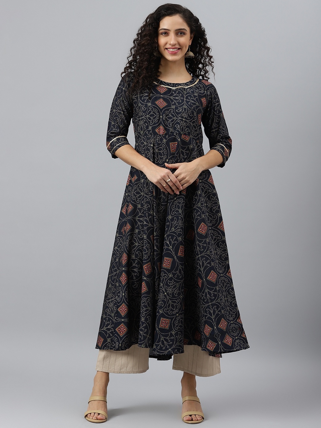 

V TRADITION Women Navy Blue & Golden Ethnic Motifs Printed Anarkali Kurta