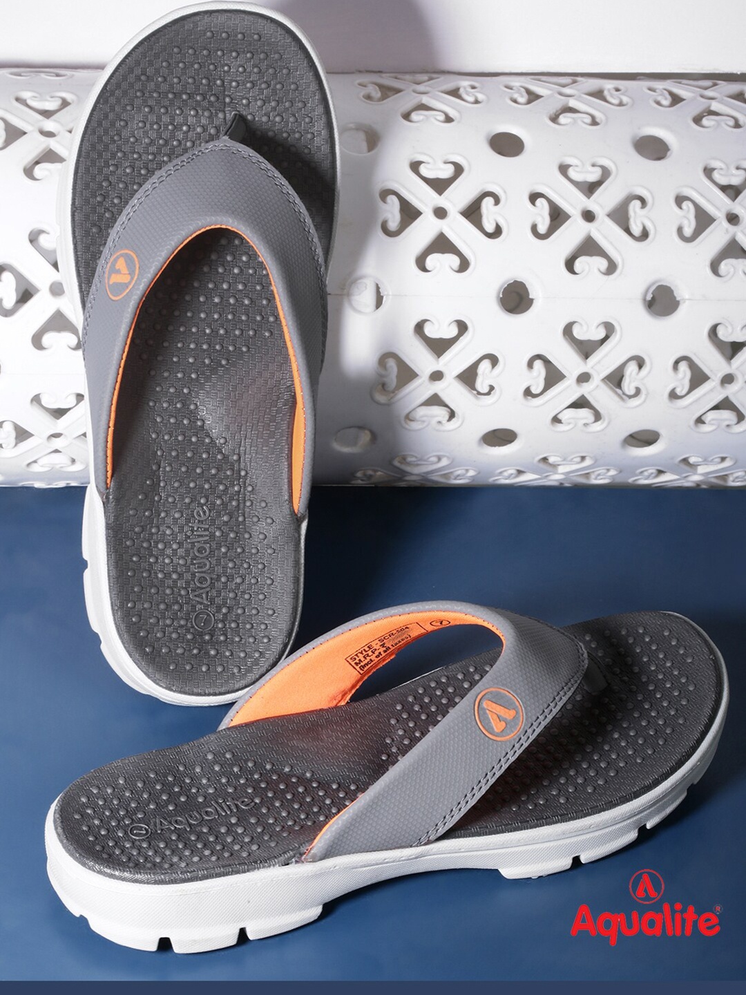 

Aqualite Men Grey & Orange Thong Flip-Flops