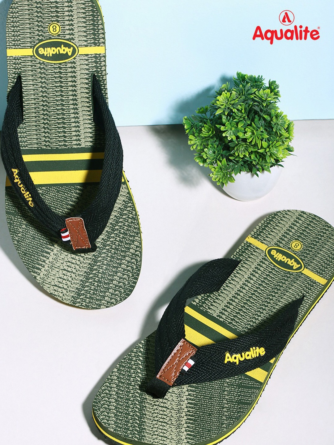 

Aqualite Men Olive Green & Black Printed Thong Flip-Flops