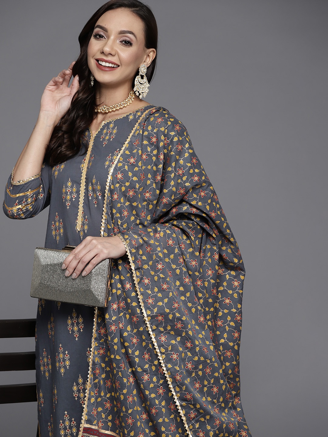 

Libas Women Grey Ethnic Motifs Printed Gotta Patti Pure Cotton Kurta with Palazzos & With Dupatta