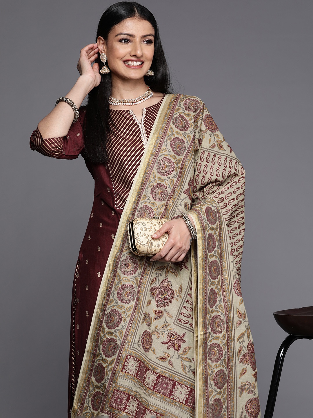 

Libas Maroon & Gold Ethnic Motifs Print Gotta Patti Kurta with Palazzos & With Dupatta