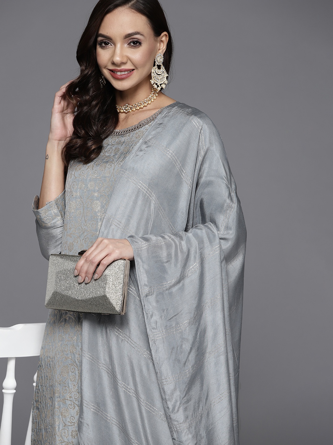 

Libas Women Grey & Golden Kurta with Palazzos & Dupatta