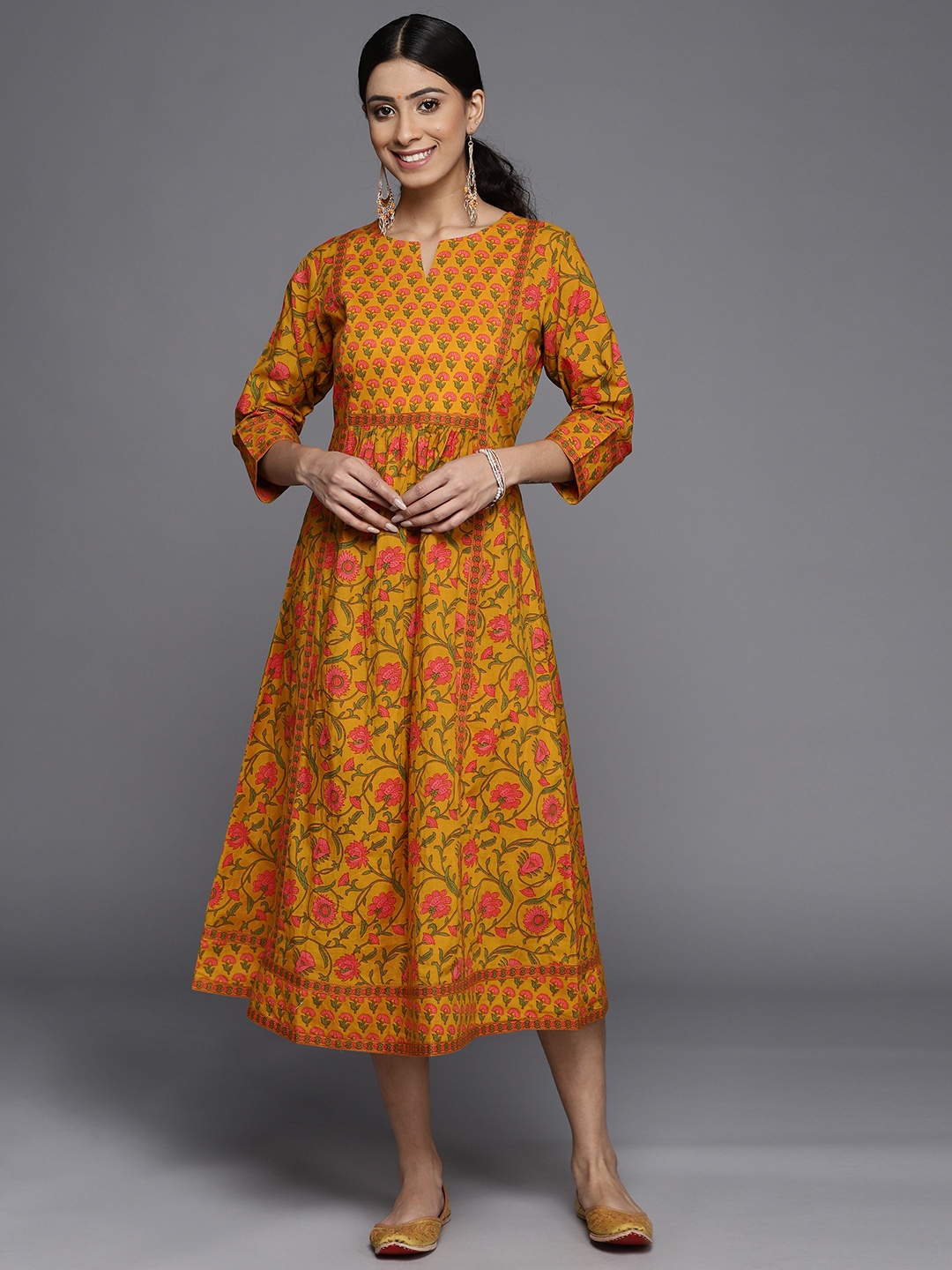 

Libas Mustard Yellow & Pink Floral A-Line Midi Dress