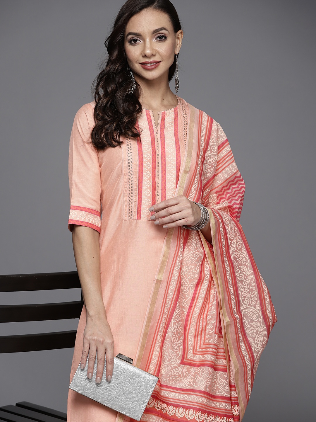 

Libas Women Pink Ethnic Motifs Yoke Design Kurta with Trousers & With Dupatta