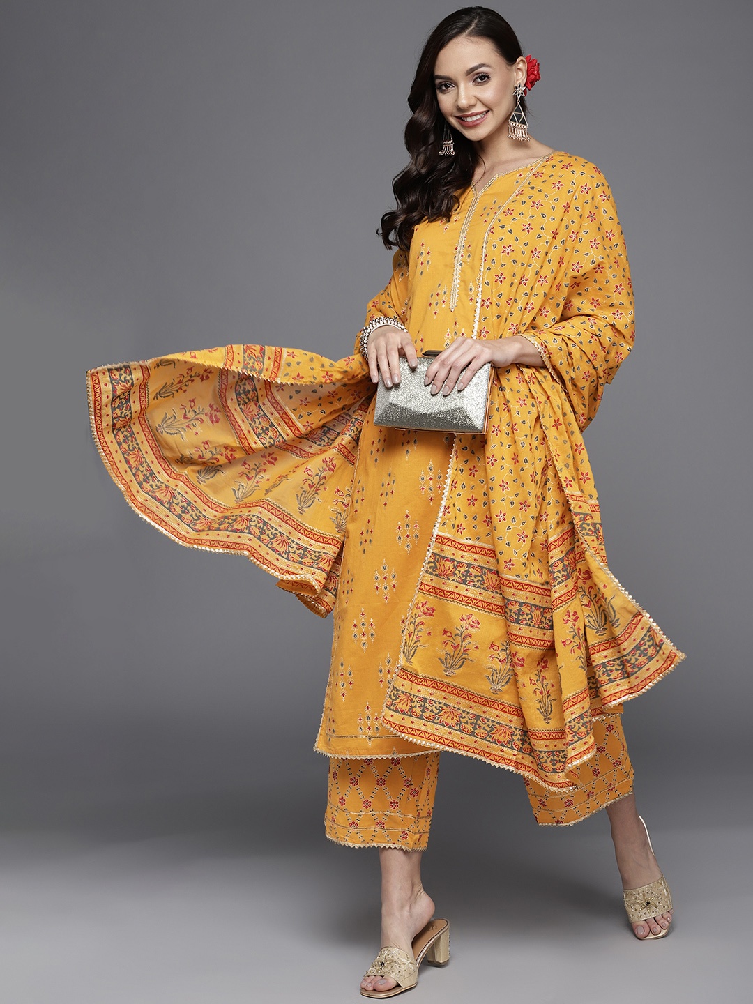 

Libas Women Ethnic Motifs Printed Gotta Patti Kurta Set, Mustard