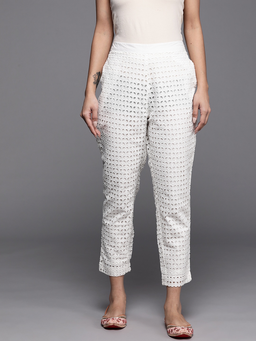 

Libas Women White Schiffli Pure Cotton Trousers
