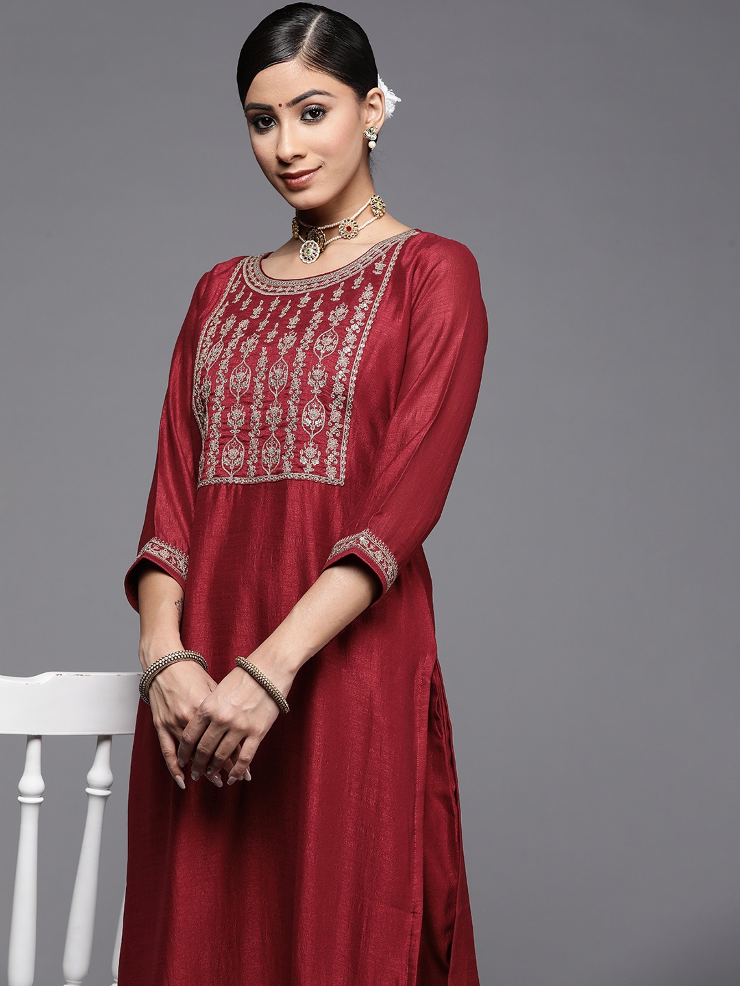 

Libas Women Maroon Yoke Design Kurta