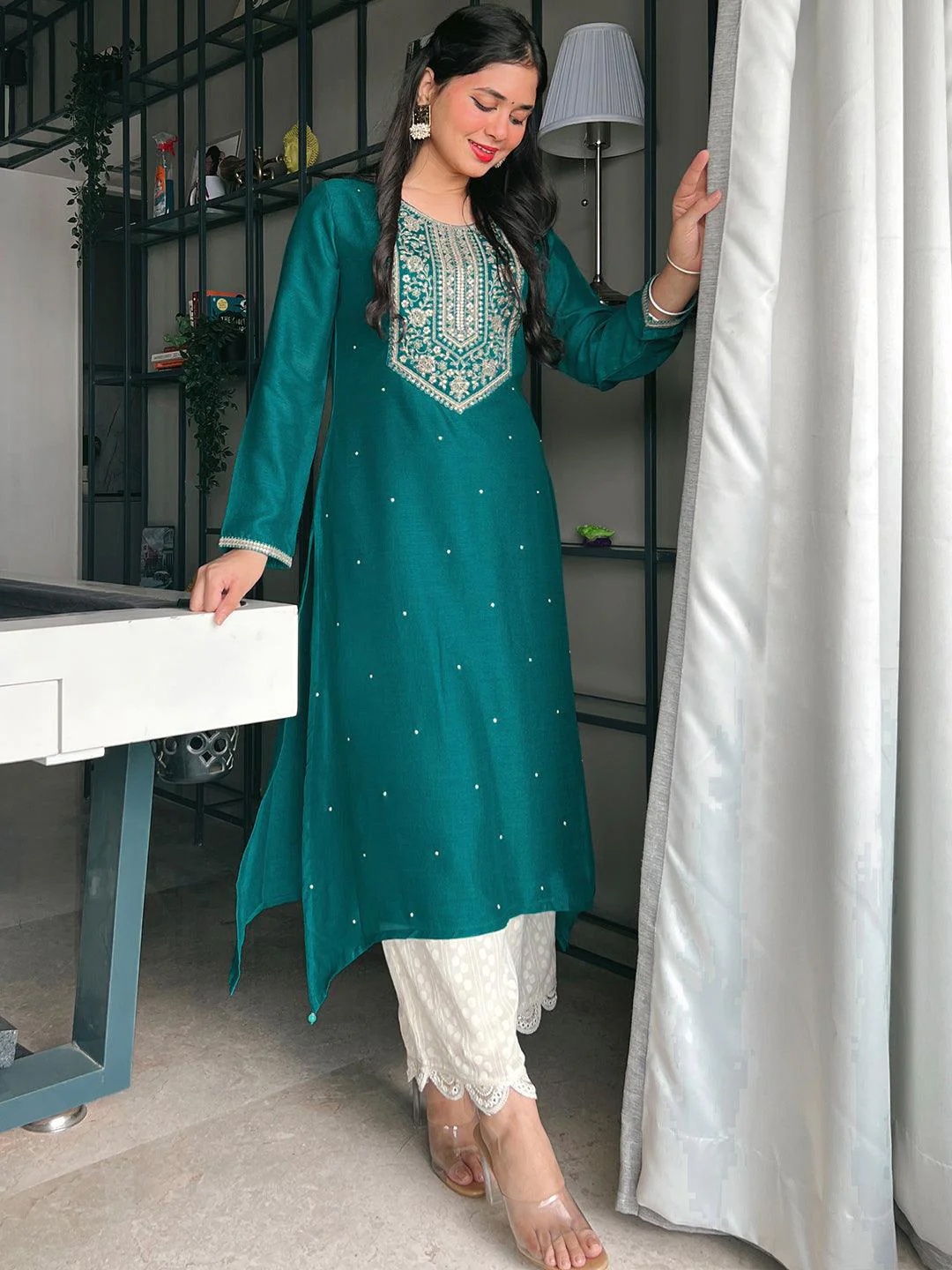 

Libas Women Teal Blue & Golden Yoke Design Kurta