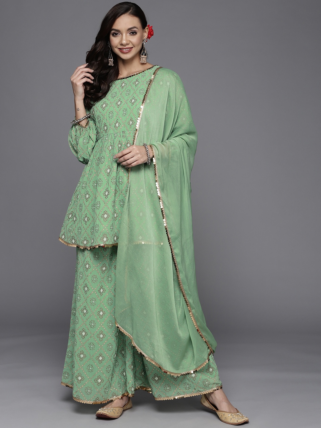 

Libas Women Green Floral Printed Kurta with Palazzos & With Dupatta