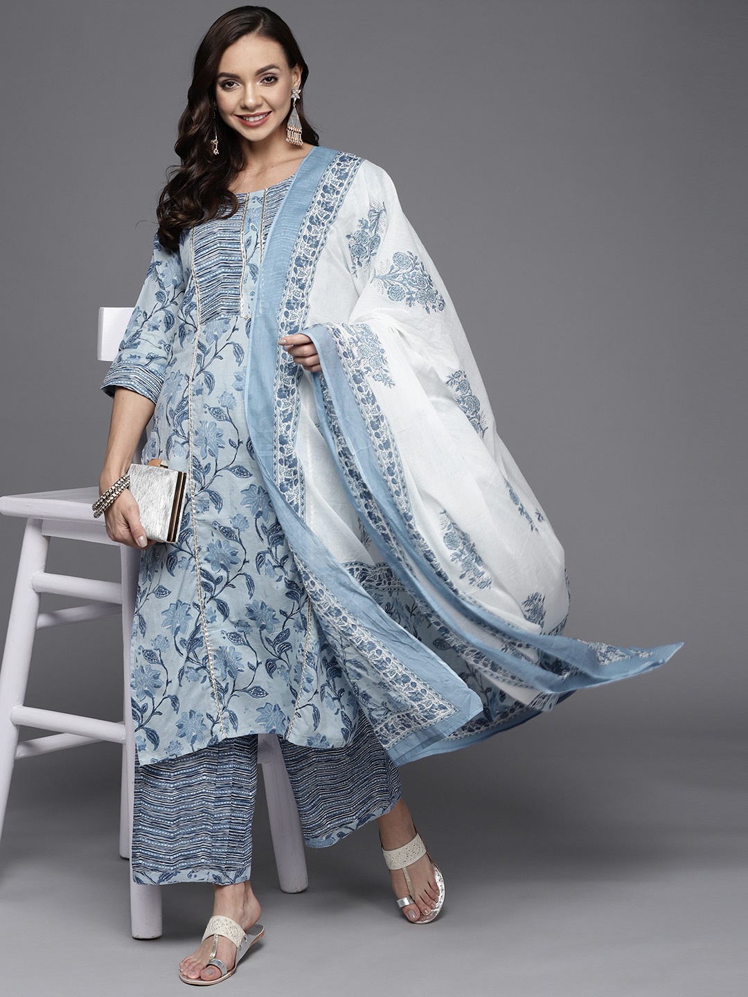 

Libas Women Blue Floral Printed Pure Cotton Kurta with Palazzos & With Dupatta