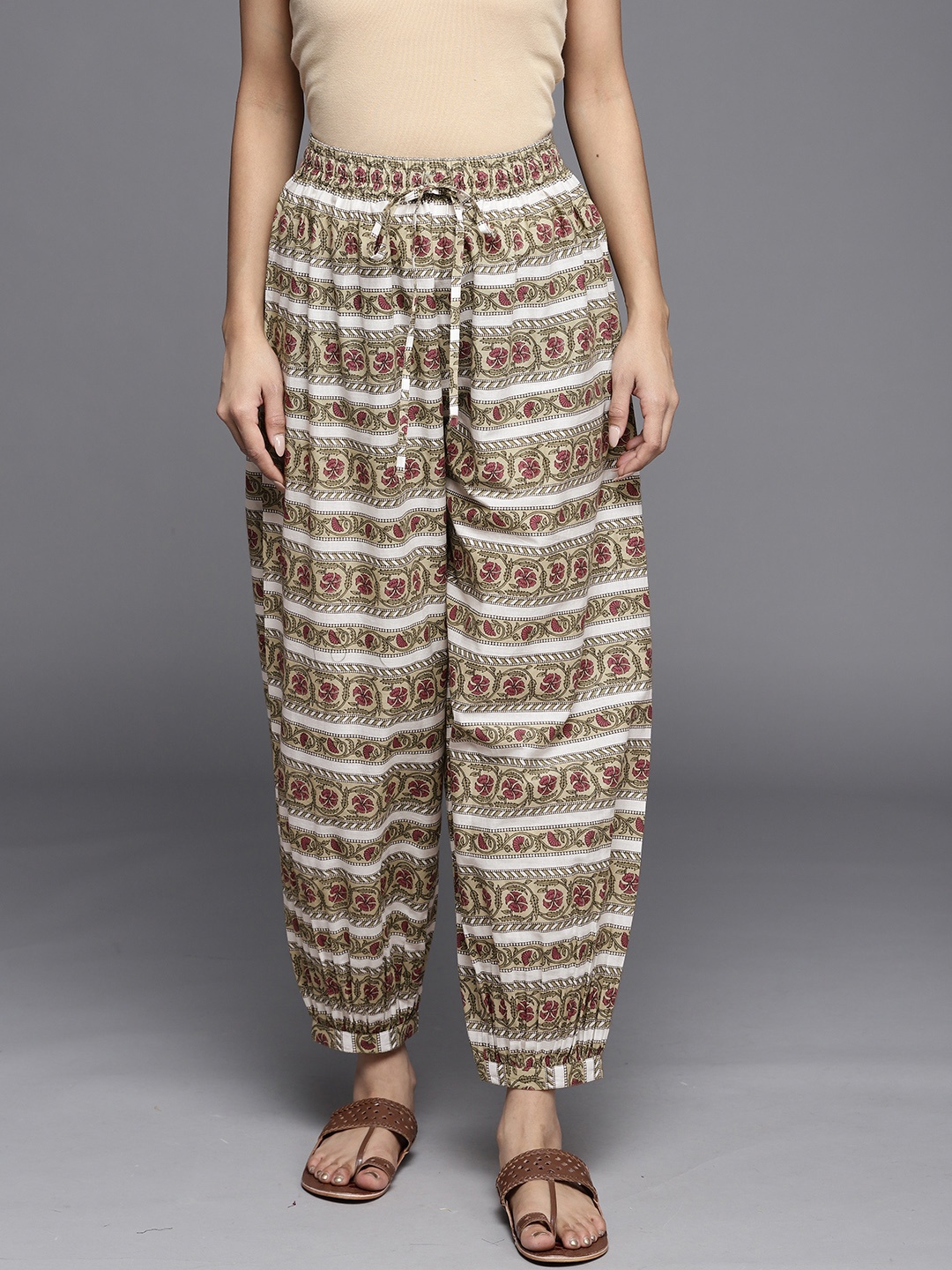 

Libas Women Beige & White Ethnic Printed Pure Cotton Salwar