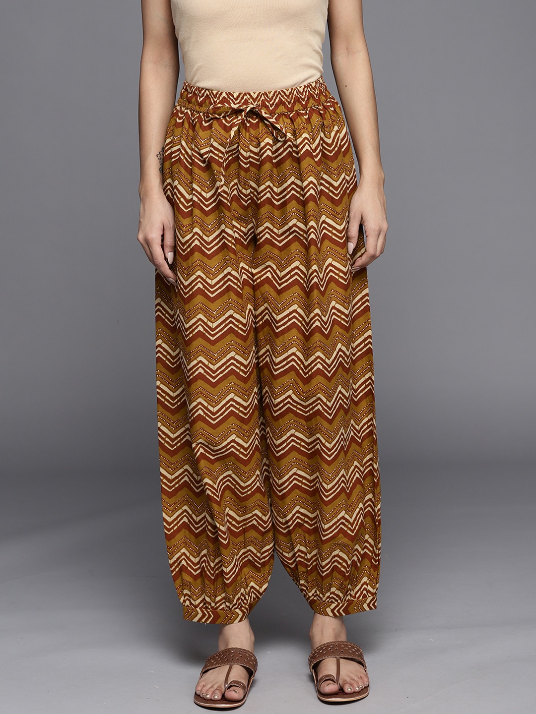

Libas Women Mustard Brown & Rust Red Chevron Printed Pure Cotton Salwar