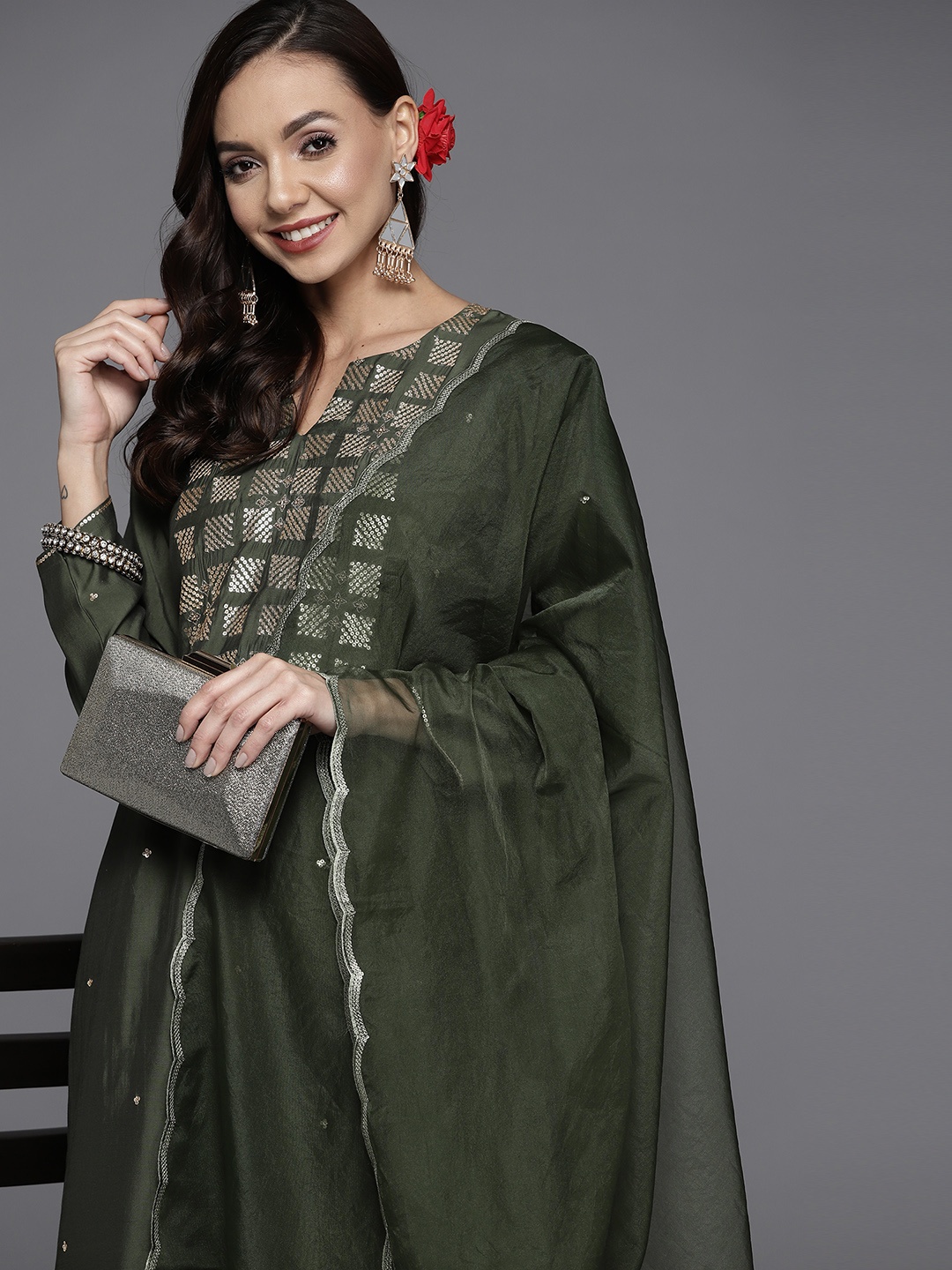 

Libas Women Green Yoke Design Chanderi Silk Kurta with Trousers & With Dupatta