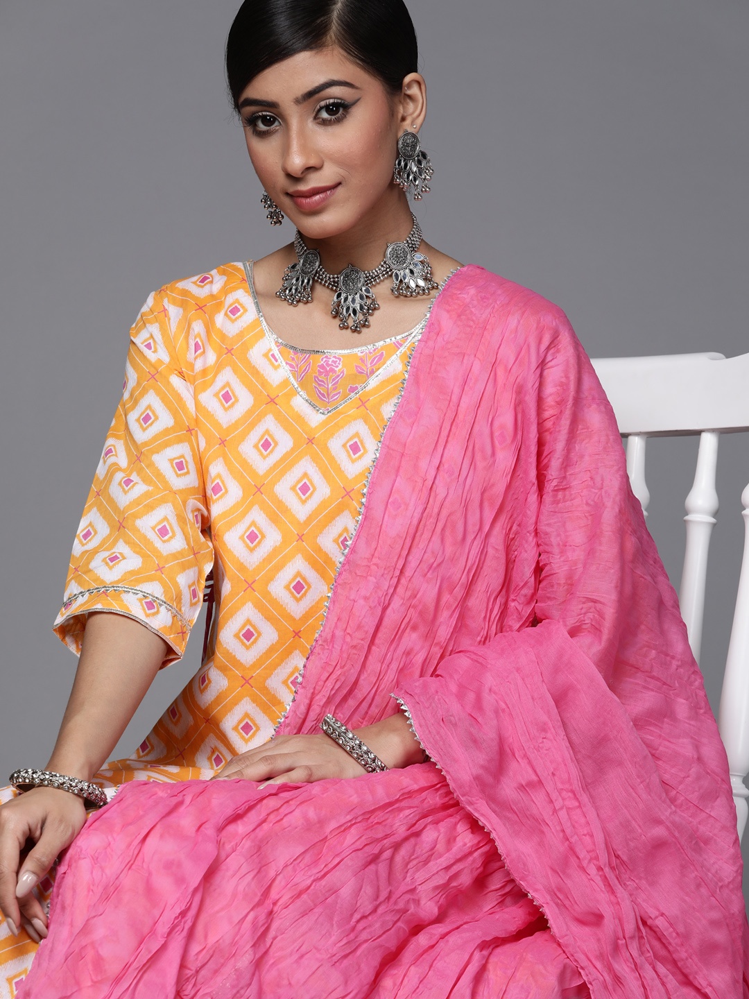 

Libas Geometric Layered Ethnic Maxi Dress With Dupatta, Orange