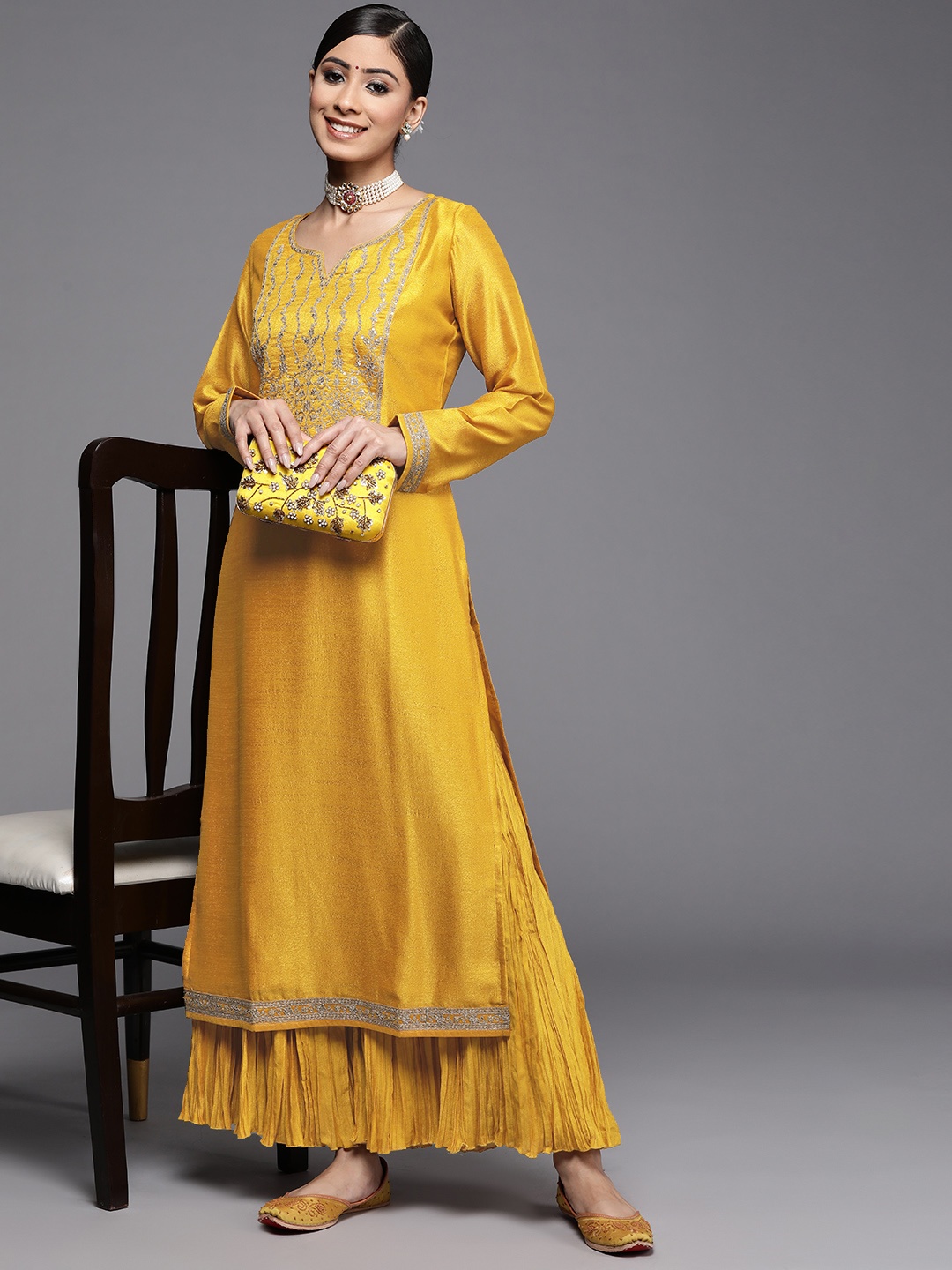 

Libas Women Mustard Yellow Yoke Design Kurta