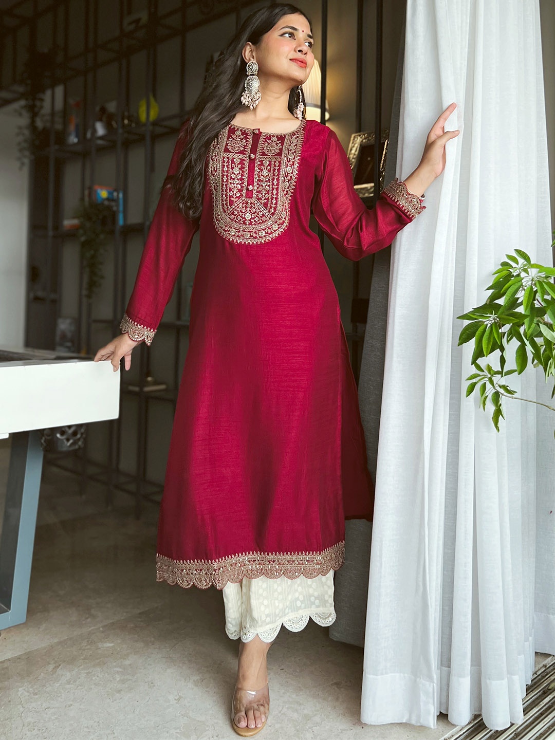 

Libas Women Maroon Yoke Design Embellished Kurta