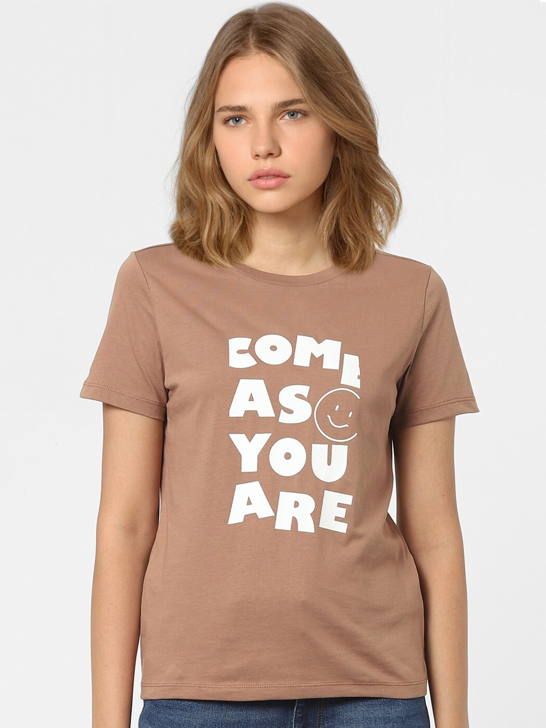 

ONLY Women Brown & White Typography Printed T-shirt