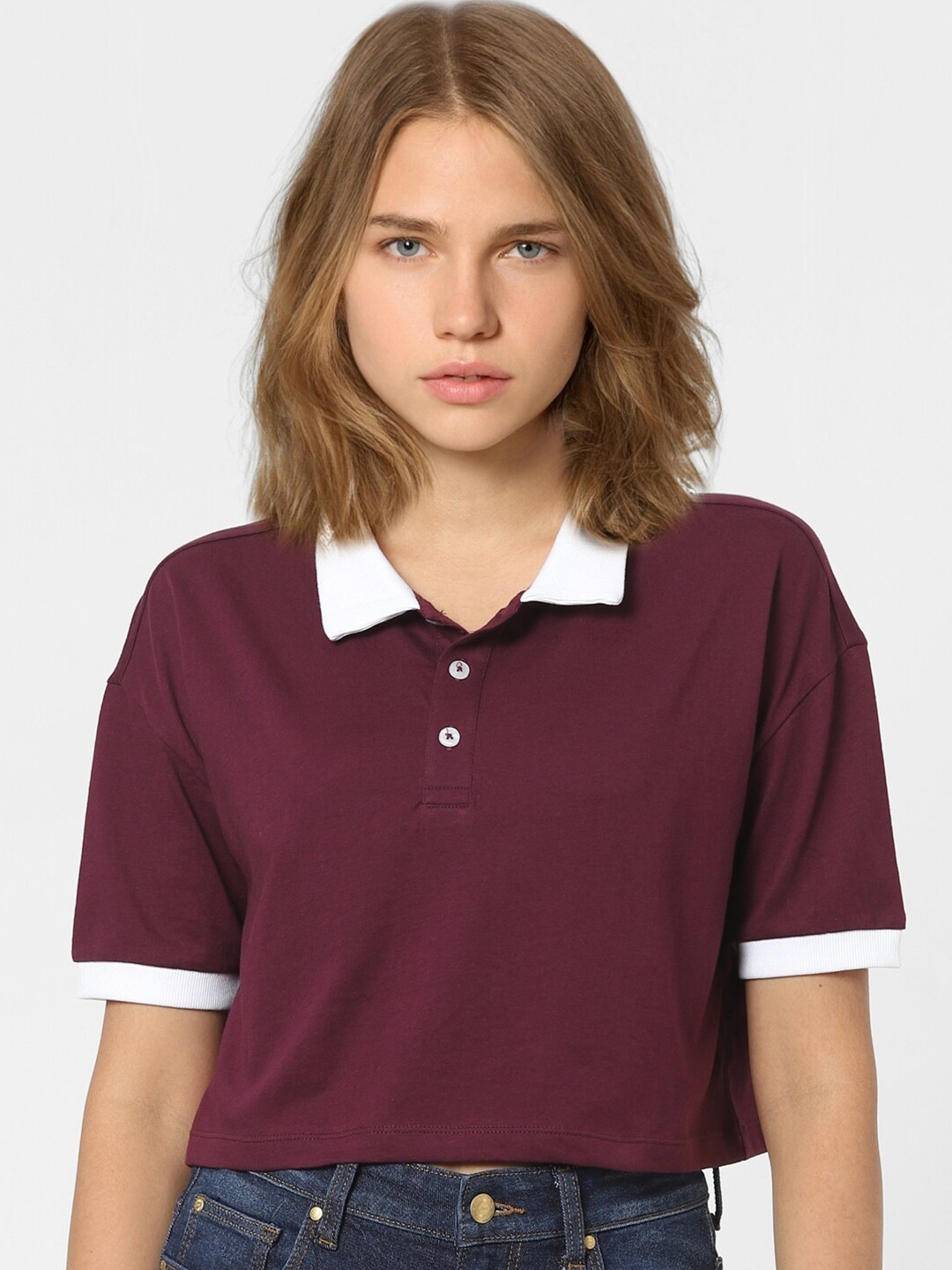 

ONLY Women Maroon Polo Collar T-shirt