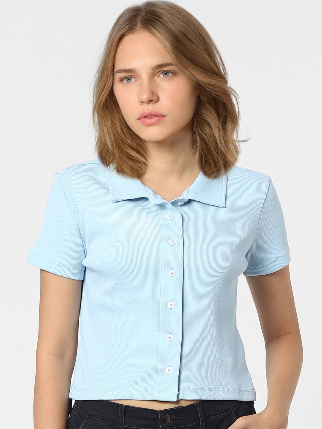 

ONLY Blue Shirt Style Crop Top