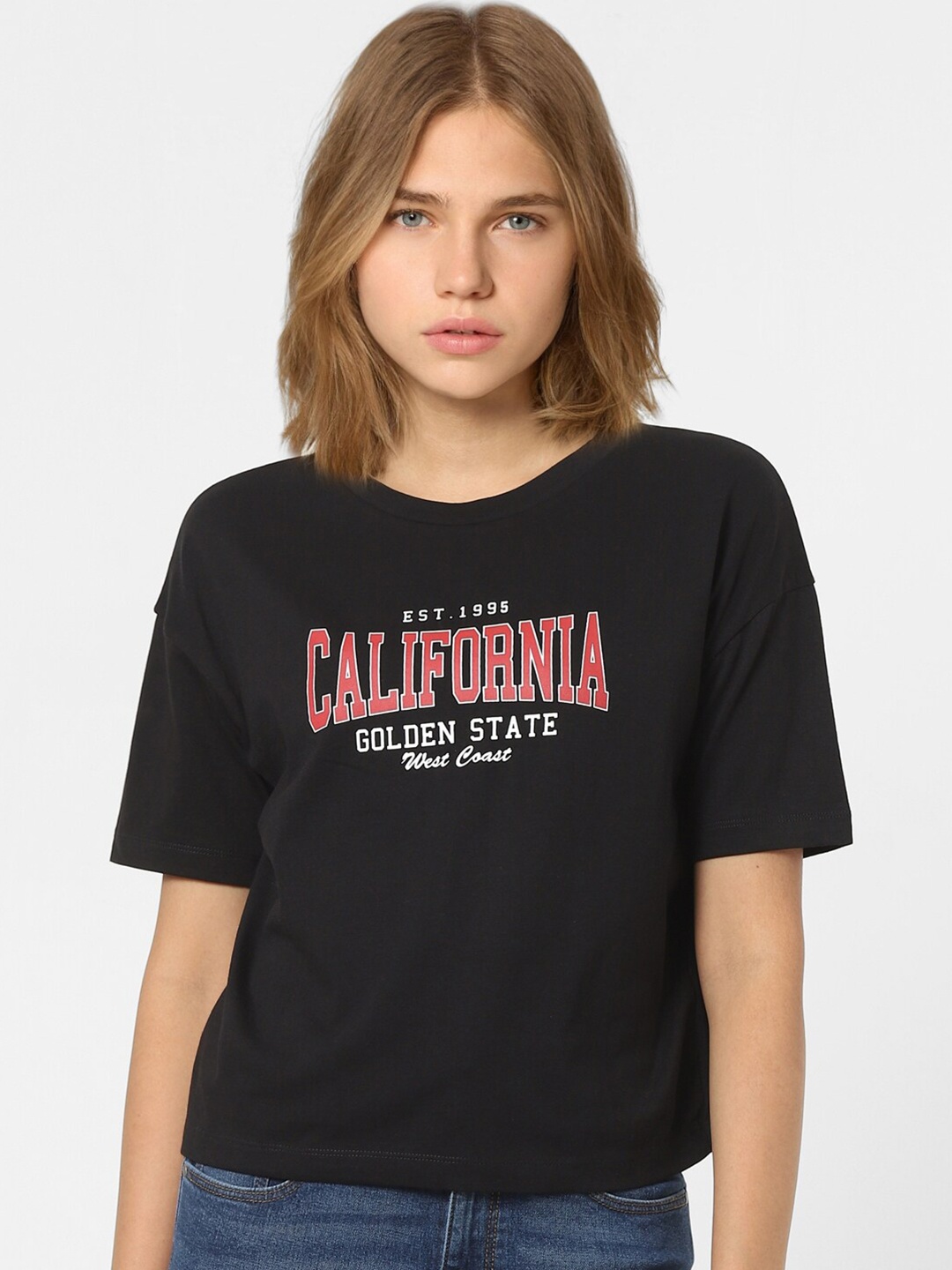 

ONLY Women Black & Red Typography Printed T-shirt