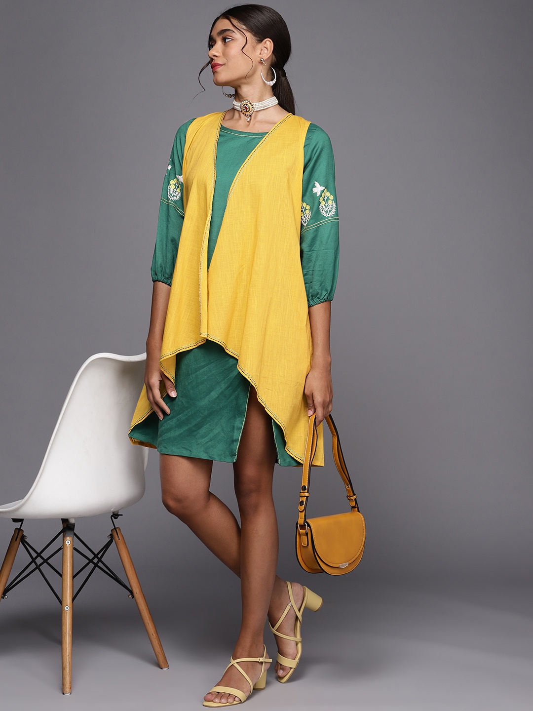 

PINKSKY Navy Blue & Yellow Ethnic Motifs Embroidered A-Line Dress