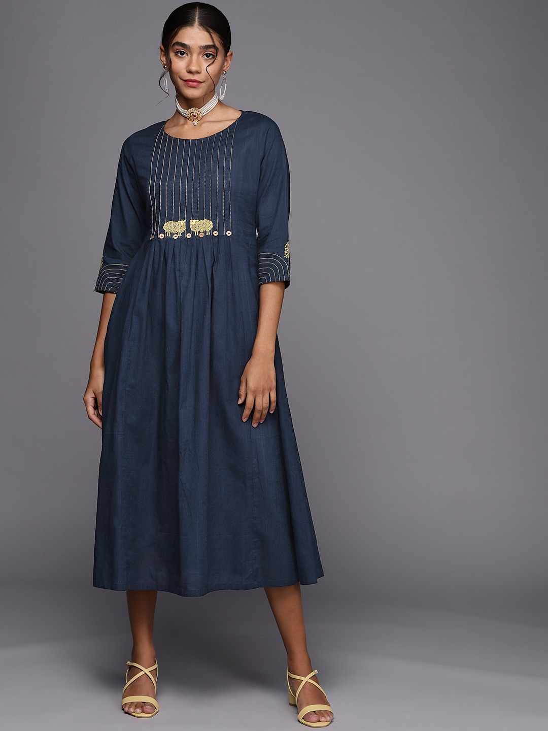 

PINKSKY Navy Blue Tribal Embroidered A-Line Midi Dress